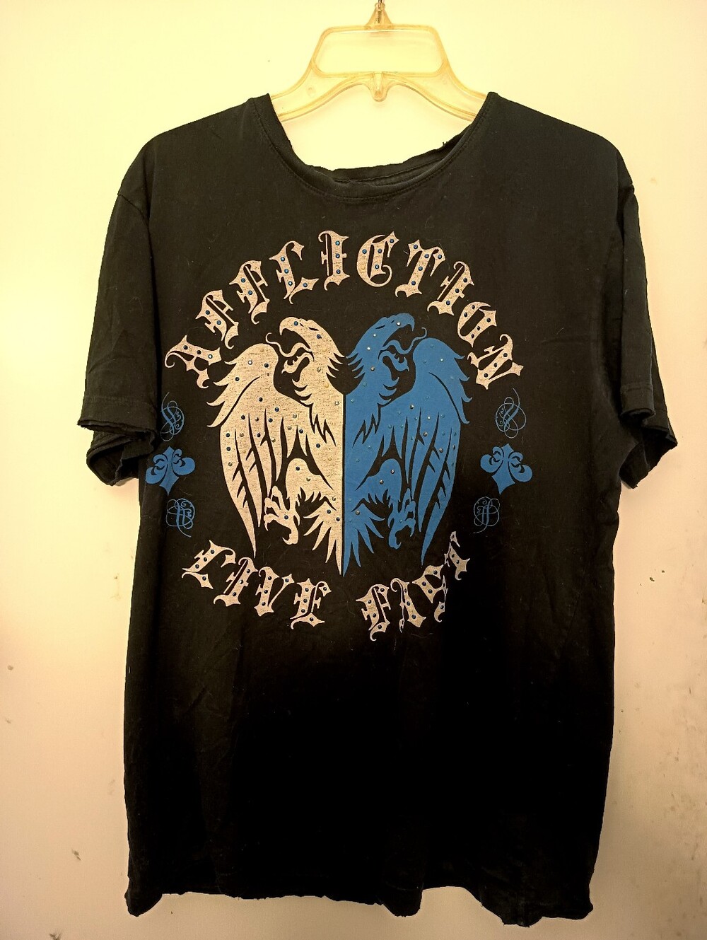 Affliction Men's T-shirt LG Black Live Fast Dual Eagle Blue Rhinestone Y2K MMA
